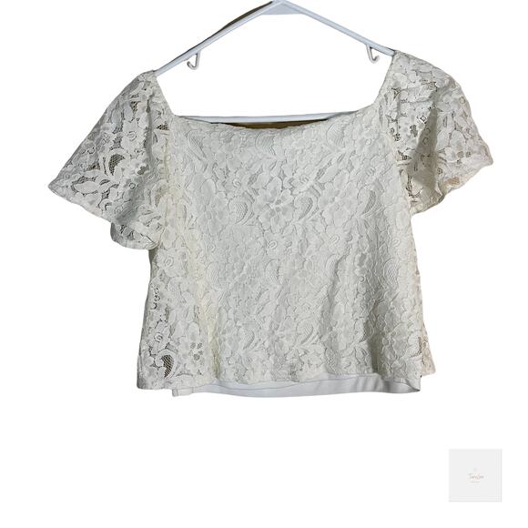 Design Lab Small Cropped White Lace Baby Doll Short Sleeve Shirt - Picture 2 of 3